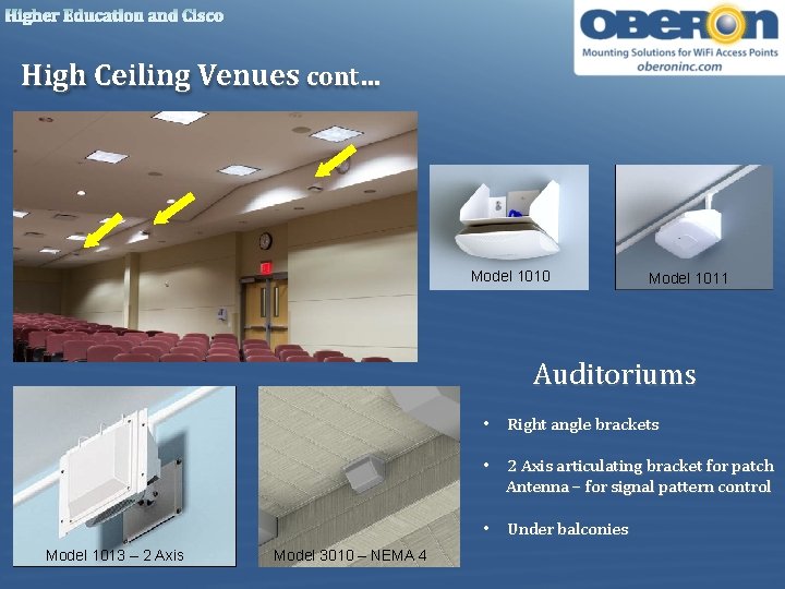 Higher Education and Cisco High Ceiling Venues cont… Model 1010 Model 1011 Auditoriums •