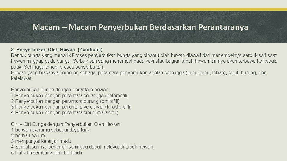 Macam – Macam Penyerbukan Berdasarkan Perantaranya 2. Penyerbukan Oleh Hewan (Zoodiofili) Bentuk bunga yang