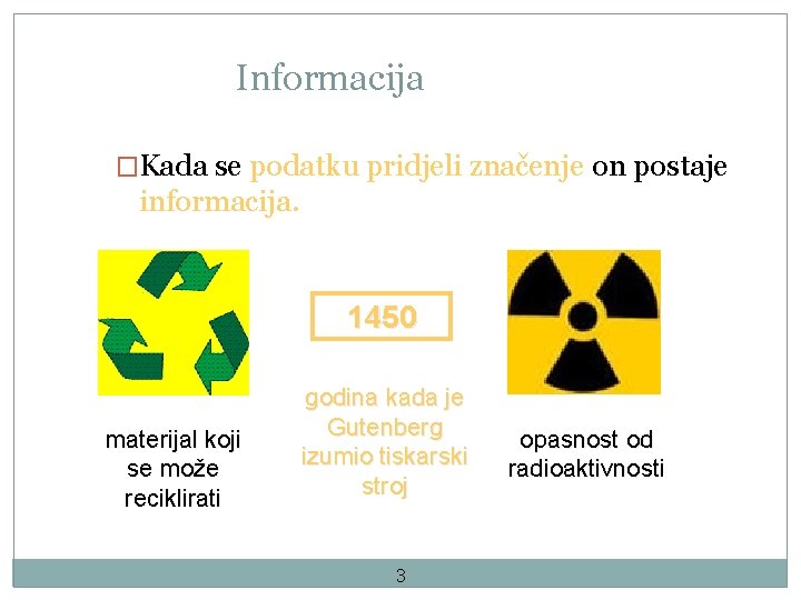 Informacija �Kada se podatku pridjeli značenje on postaje informacija. 1450 materijal koji se može