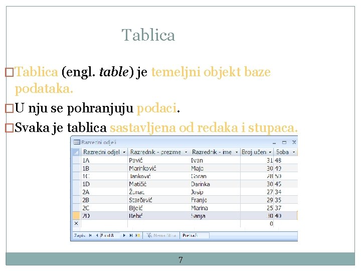 Tablica �Tablica (engl. table) je temeljni objekt baze podataka. �U nju se pohranjuju podaci.