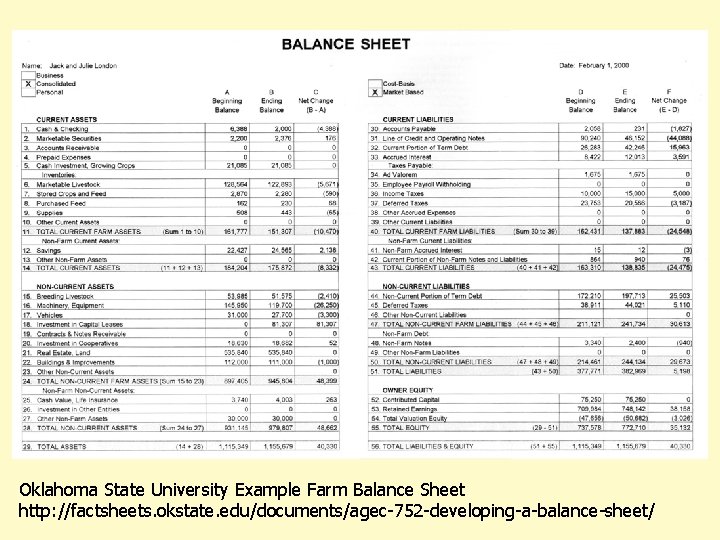 Oklahoma State University Example Farm Balance Sheet http: //factsheets. okstate. edu/documents/agec-752 -developing-a-balance-sheet/ 