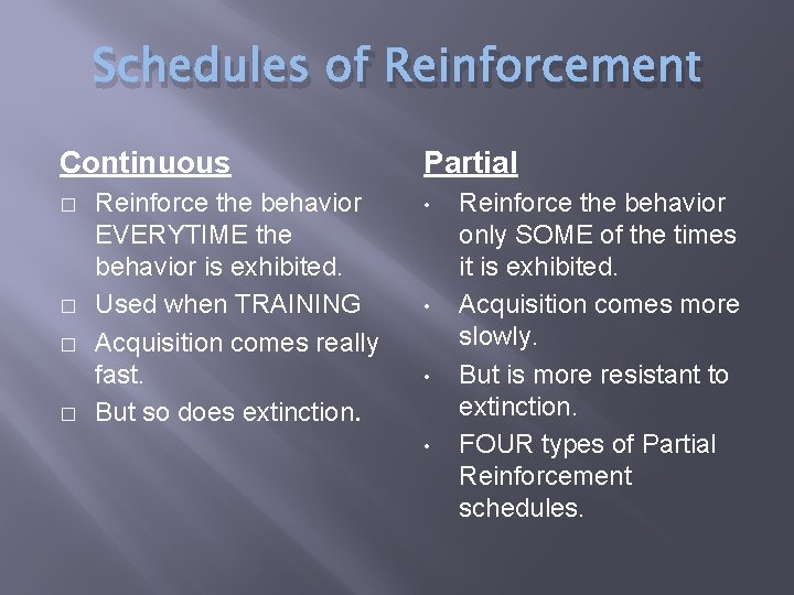 Schedules of Reinforcement Continuous � � Reinforce the behavior EVERYTIME the behavior is exhibited.