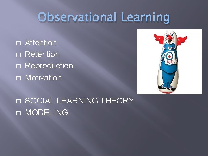 Observational Learning � � � Attention Reproduction Motivation SOCIAL LEARNING THEORY MODELING 