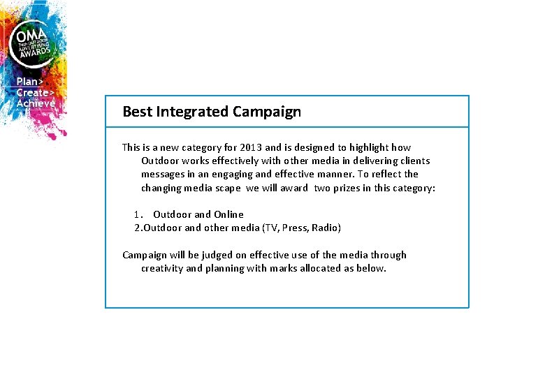Best Integrated Campaign This is a new category for 2013 and is designed to