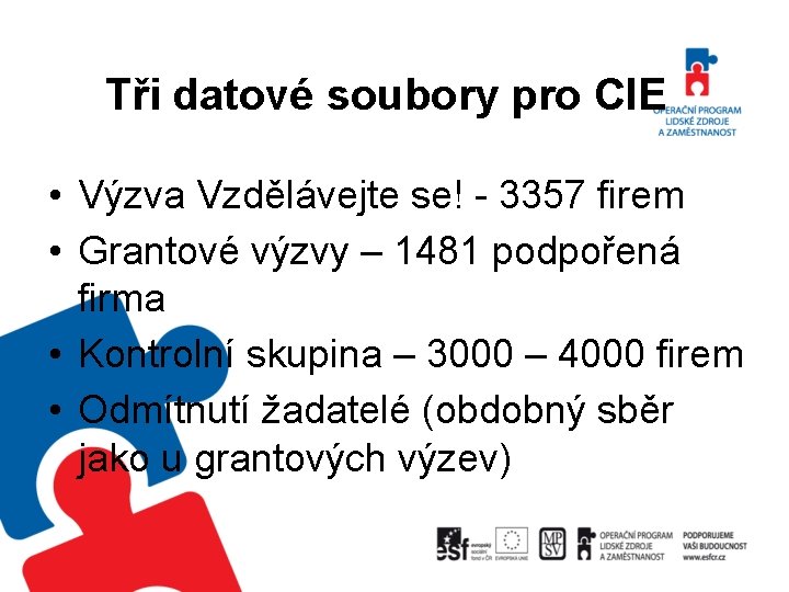 Tři datové soubory pro CIE • Výzva Vzdělávejte se! - 3357 firem • Grantové