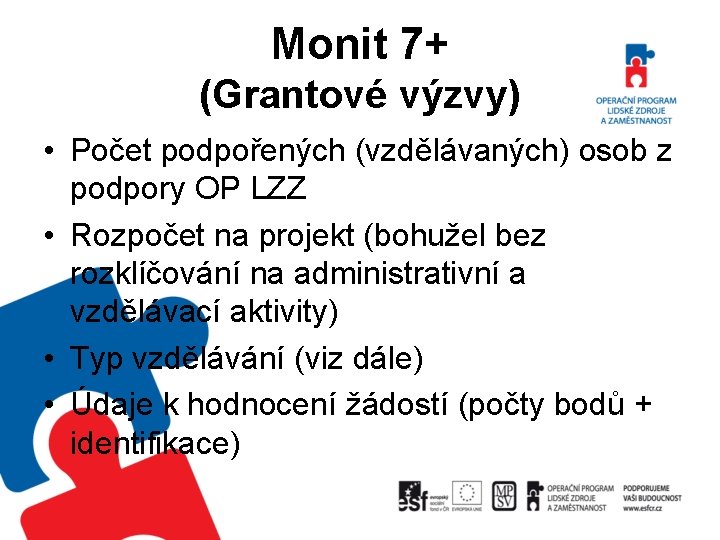 Monit 7+ (Grantové výzvy) • Počet podpořených (vzdělávaných) osob z podpory OP LZZ •