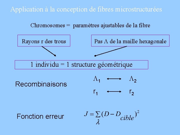 Application à la conception de fibres microstructurées Chromosomes = paramètres ajustables de la fibre