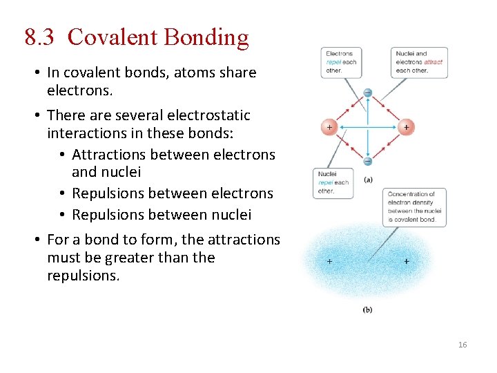 8. 3 Covalent Bonding • In covalent bonds, atoms share electrons. • There are