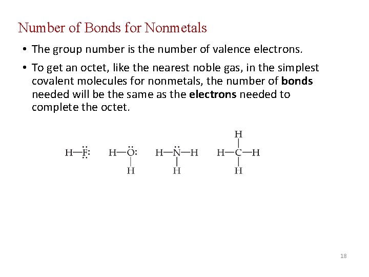 Number of Bonds for Nonmetals • The group number is the number of valence
