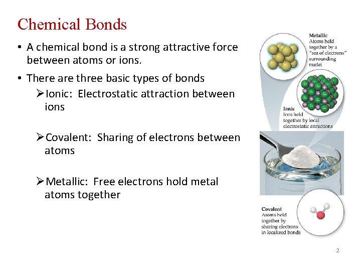 Chemical Bonds • A chemical bond is a strong attractive force between atoms or