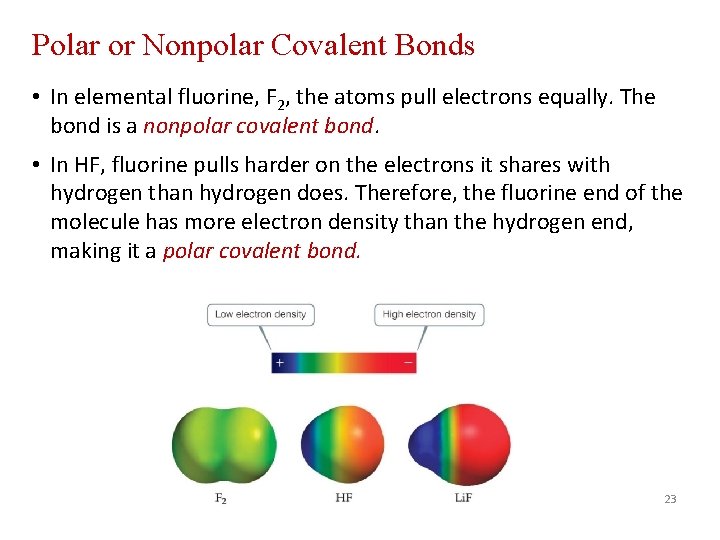 Polar or Nonpolar Covalent Bonds • In elemental fluorine, F 2, the atoms pull