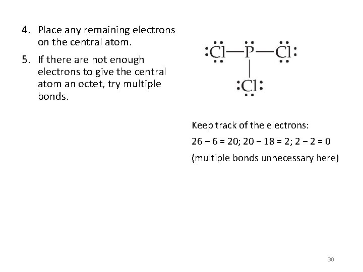 4. Place any remaining electrons on the central atom. 5. If there are not