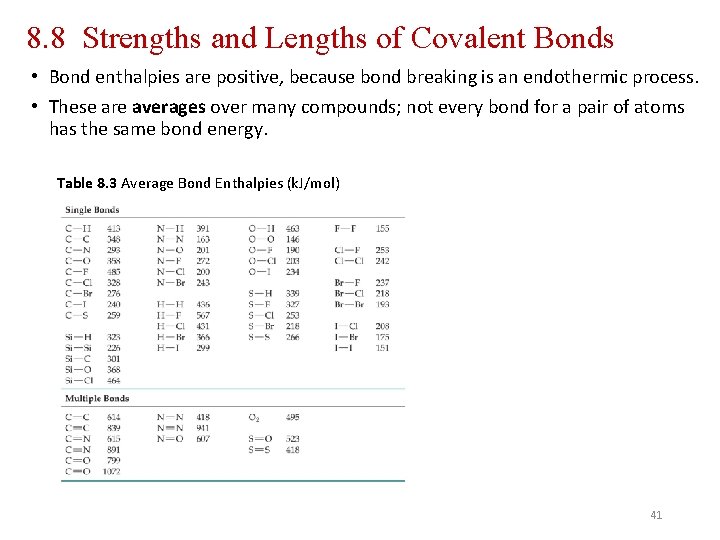 8. 8 Strengths and Lengths of Covalent Bonds • Bond enthalpies are positive, because