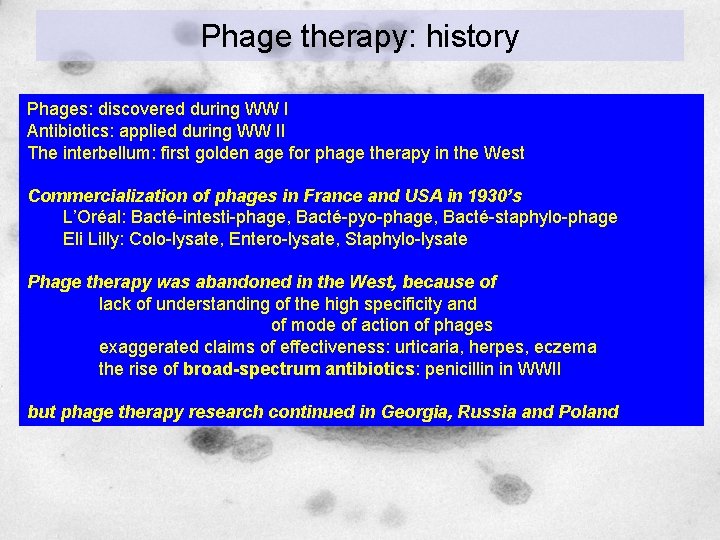 Phage therapy: history Phages: discovered during WW I Antibiotics: applied during WW II The