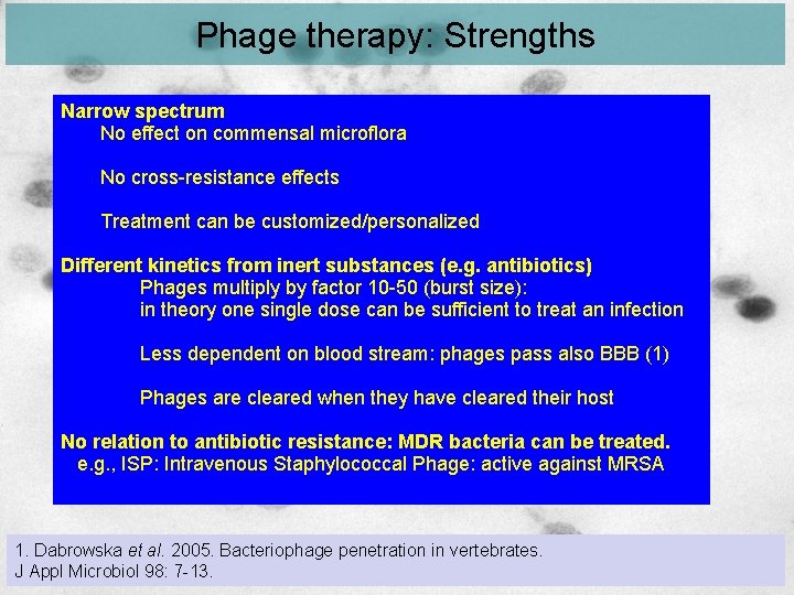 Phage therapy: Strengths Narrow spectrum No effect on commensal microflora No cross-resistance effects Treatment