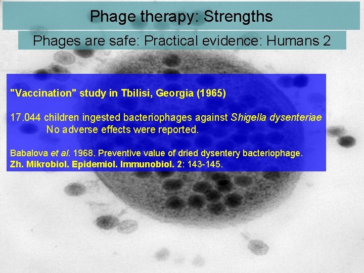 Phage therapy: Strengths Phages are safe: Practical evidence: Humans 2 "Vaccination" study in Tbilisi,