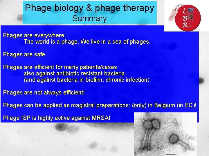 Phage biology & phage therapy Summary Phages are everywhere: The world is a phage.