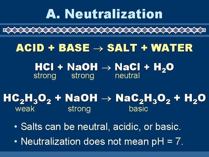 A. Neutralization ACID + BASE SALT + WATER HCl + Na. OH Na. Cl