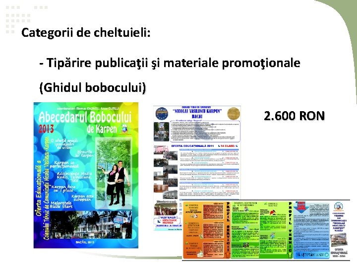 Categorii de cheltuieli: - Tipărire publicaţii şi materiale promoţionale (Ghidul bobocului) 2. 600 RON Categorii de cheltuieli: - Tipărire publicaţii şi materiale promoţionale (Ghidul bobocului) 2. 600 RON