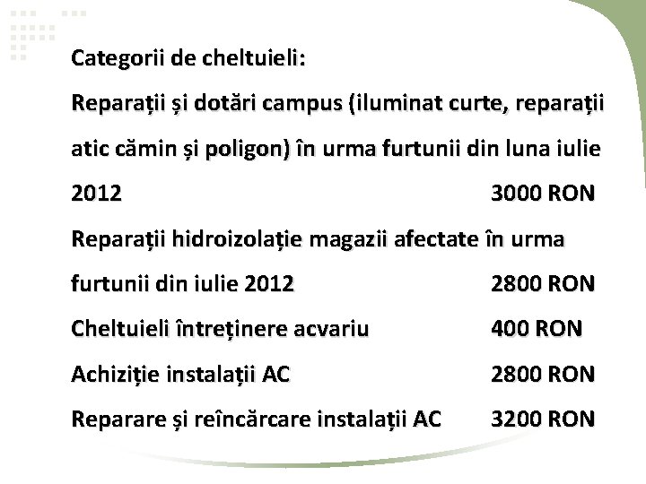 Categorii de cheltuieli: Reparații și dotări campus (iluminat curte, reparații atic cămin și poligon) Categorii de cheltuieli: Reparații și dotări campus (iluminat curte, reparații atic cămin și poligon)