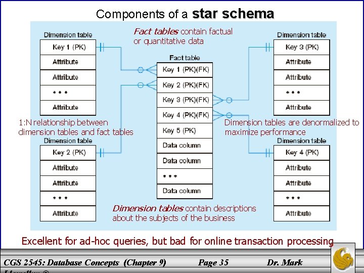 Components of a star schema Fact tables contain factual or quantitative data 1: N