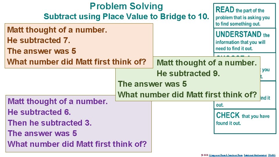 Problem Solving Subtract using Place Value to Bridge to 10. Matt thought of a