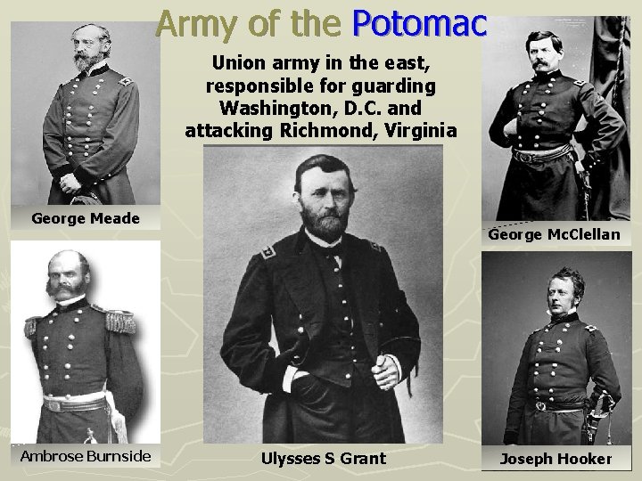 Army of the Potomac Union army in the east, responsible for guarding Washington, D.