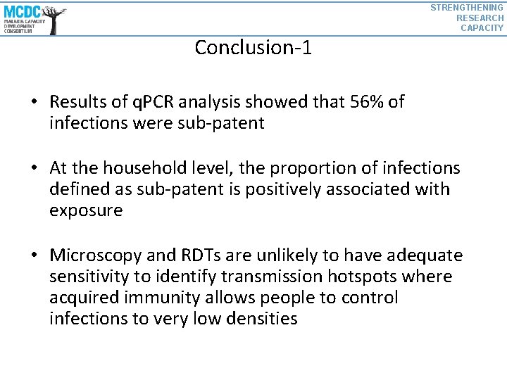 STRENGTHENING RESEARCH CAPACITY Conclusion-1 • Results of q. PCR analysis showed that 56% of
