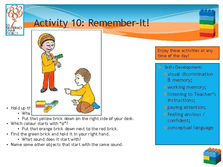 Activity 10: Remember-It! Enjoy these activities at any time of the day! v Skills