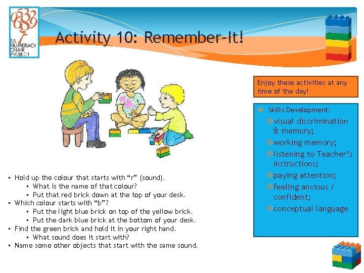 Activity 10: Remember-It! Enjoy these activities at any time of the day! v Skills