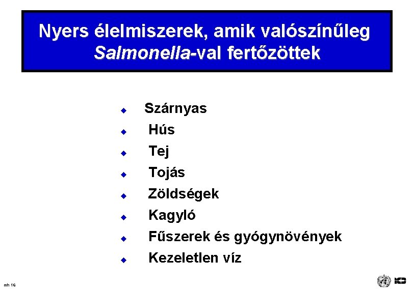 Nyers élelmiszerek, amik valószínűleg Salmonella-val fertőzöttek u u u u mh 16 Szárnyas Hús