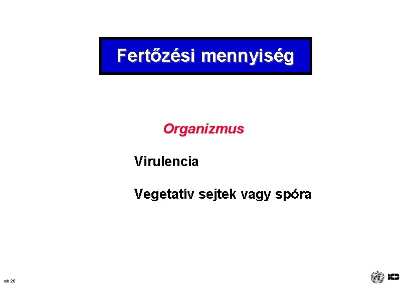 Fertőzési mennyiség Organizmus Virulencia Vegetatív sejtek vagy spóra mh 25 