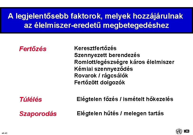 A legjelentősebb faktorok, melyek hozzájárulnak az élelmiszer-eredetű megbetegedéshez Fertőzés mh 40 Keresztfertőzés Szennyezett berendezés