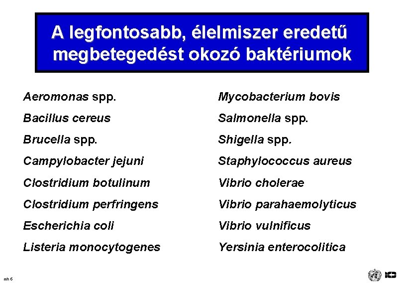 A legfontosabb, élelmiszer eredetű megbetegedést okozó baktériumok mh 5 Aeromonas spp. Mycobacterium bovis Bacillus