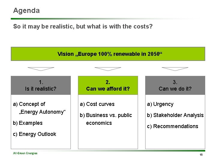 Agenda So it may be realistic, but what is with the costs? Vision „Europe