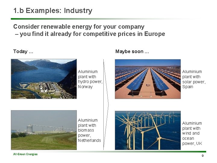1. b Examples: Industry Consider renewable energy for your company – you find it