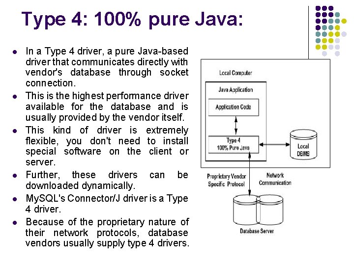 Type 4: 100% pure Java: l l l In a Type 4 driver, a