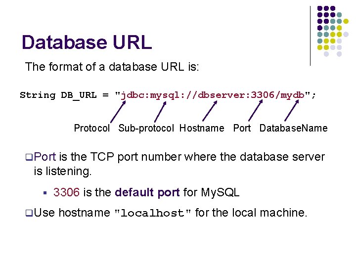 Database URL The format of a database URL is: String DB_URL = "jdbc: mysql: Database URL The format of a database URL is: String DB_URL = "jdbc: mysql: