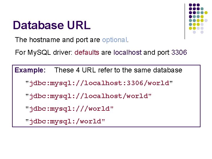 Database URL The hostname and port are optional. For My. SQL driver: defaults are