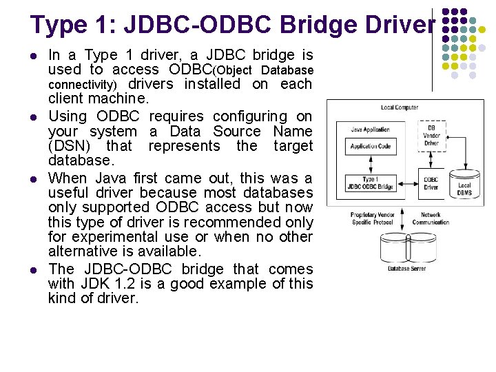 Type 1: JDBC-ODBC Bridge Driver l l In a Type 1 driver, a JDBC