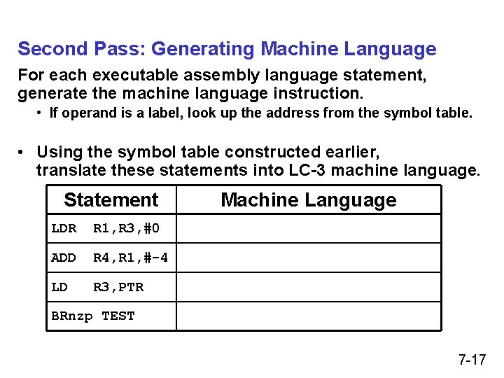Second Pass: Generating Machine Language For each executable assembly language statement, generate the machine Second Pass: Generating Machine Language For each executable assembly language statement, generate the machine