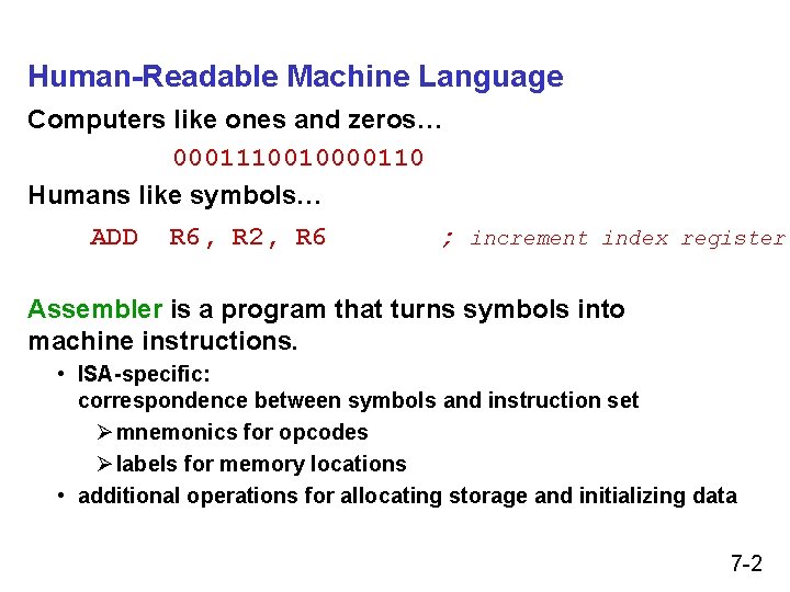 Human-Readable Machine Language Computers like ones and zeros… 0001110010000110 Humans like symbols… ADD R Human-Readable Machine Language Computers like ones and zeros… 0001110010000110 Humans like symbols… ADD R