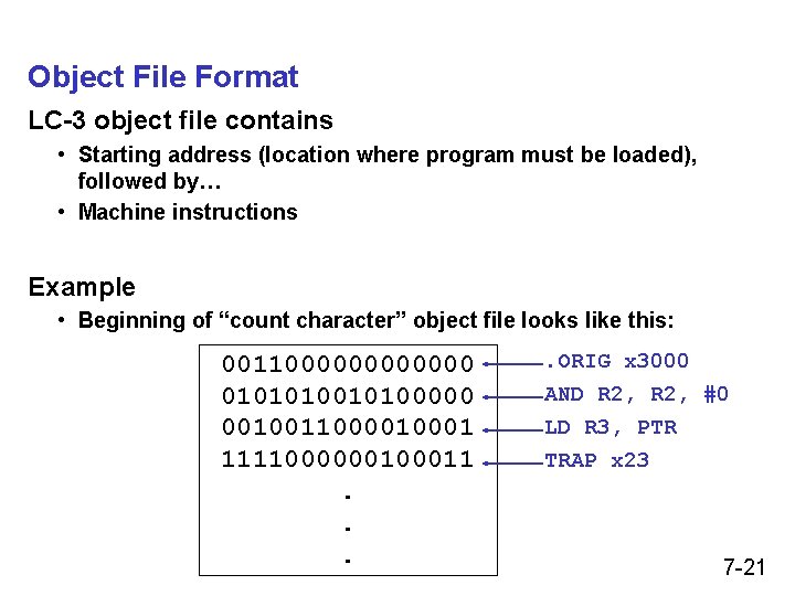Object File Format LC-3 object file contains • Starting address (location where program must Object File Format LC-3 object file contains • Starting address (location where program must