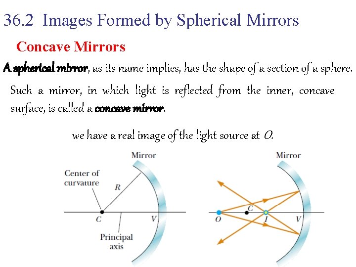 36. 2 Images Formed by Spherical Mirrors Concave Mirrors A spherical mirror, as its