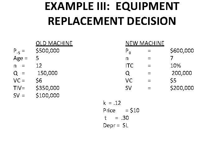 EXAMPLE III: EQUIPMENT REPLACEMENT DECISION P-5 = Age = n = Q = VC