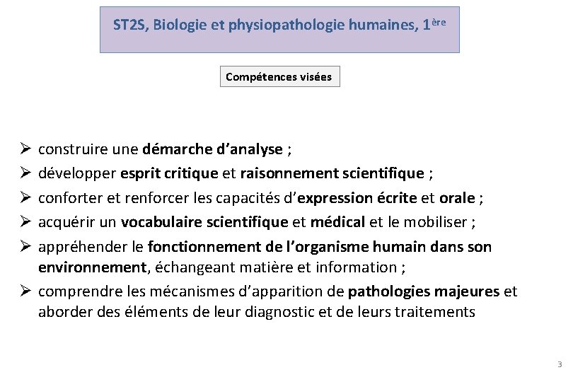 ST 2 S, Biologie et physiopathologie humaines, 1ère Compétences visées construire une démarche d’analyse