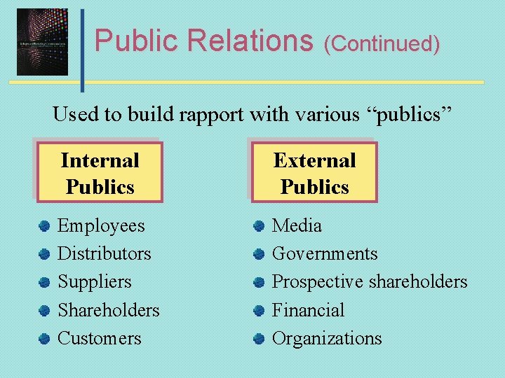 Public Relations (Continued) Used to build rapport with various “publics” Internal Publics External Publics