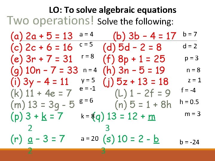 Two LO: To solve algebraic equations operations! Solve the following: (a) 2 a +