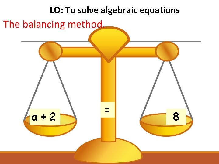 LO: To solve algebraic equations The balancing method. a+2 = 8 