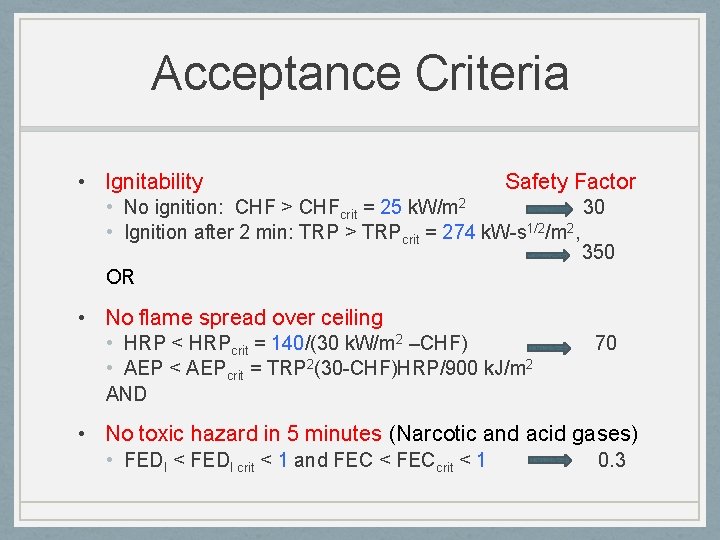 Acceptance Criteria • Ignitability Safety Factor • No ignition: CHF > CHFcrit = 25
